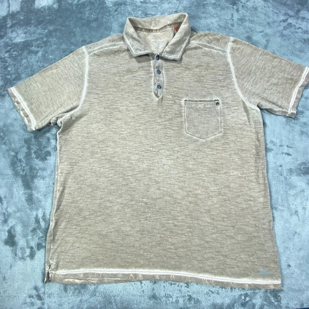 Tommy Bahama Shirt Men Large Beige Faded Style Island Crafted Beach Coastal Peru